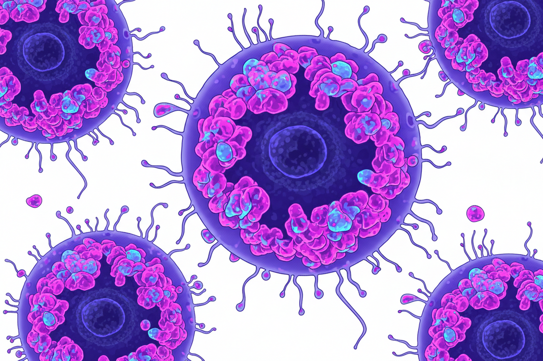 Illustration of activated mast cells releasing inflammatory compounds during an immune response.