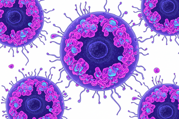 Illustration of activated mast cells releasing inflammatory compounds during an immune response.