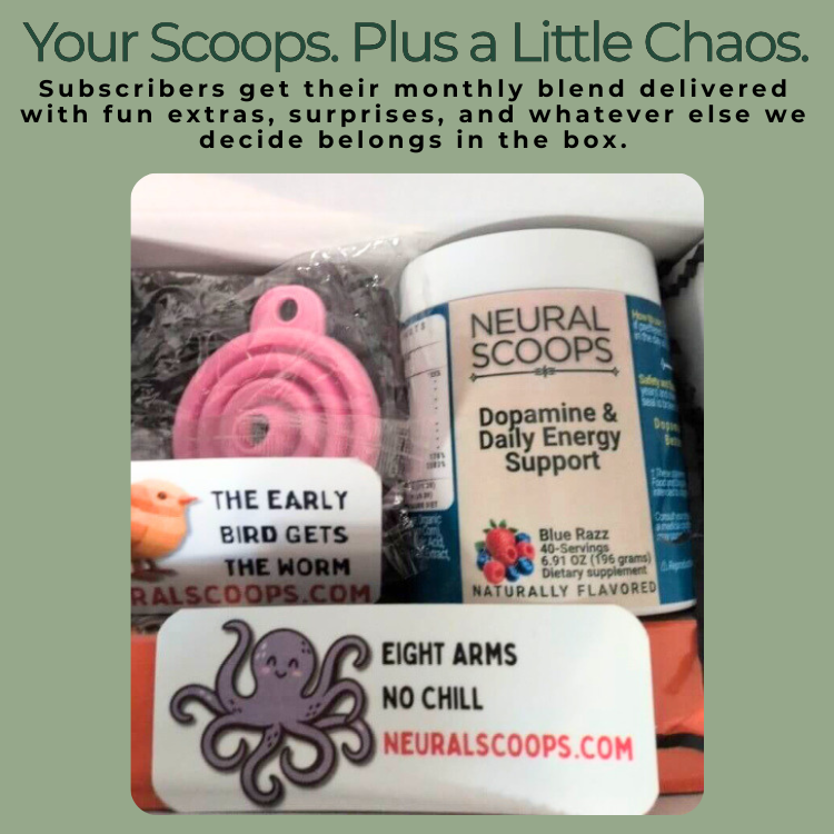 Neural Scoops subscription box featuring Dopamine & Energy Protocol and wellness products.