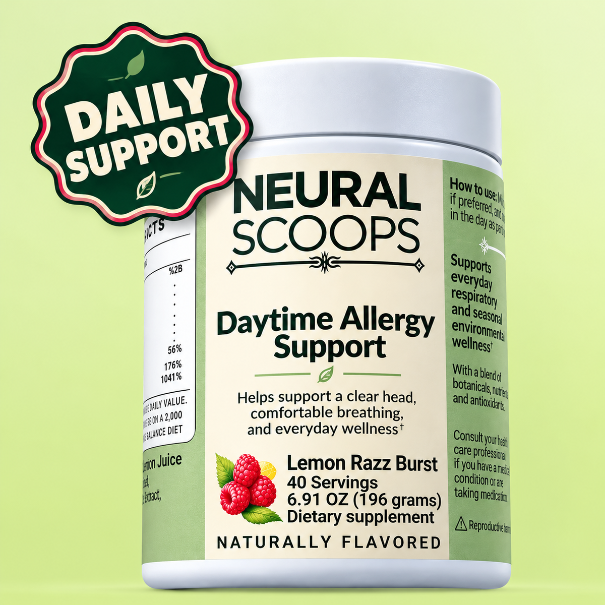 A white plastic bottle of Neural Scoops Daytime Allergy Support dietary supplement with a green and cream label, shown against a light green background with a dark green 'DAILY SUPPORT' badge overlay.