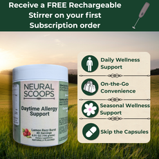 Neural Scoops subscription with free rechargeable stirrer and monthly allergy support delivery.