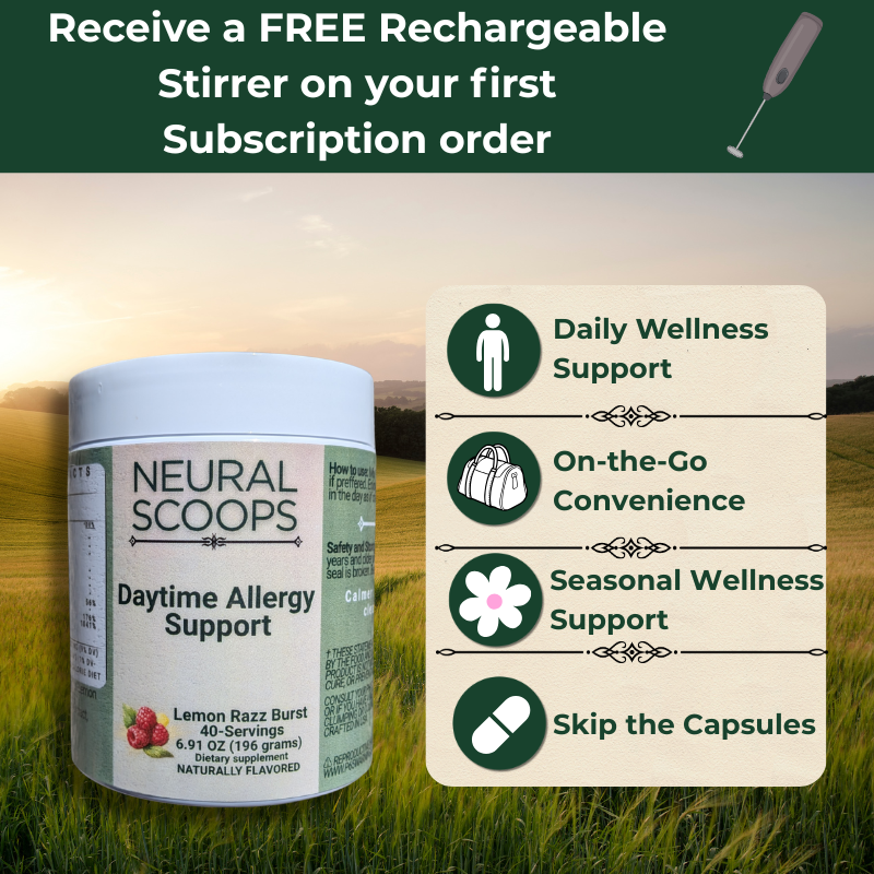 Neural Scoops subscription with free rechargeable stirrer and monthly allergy support delivery.